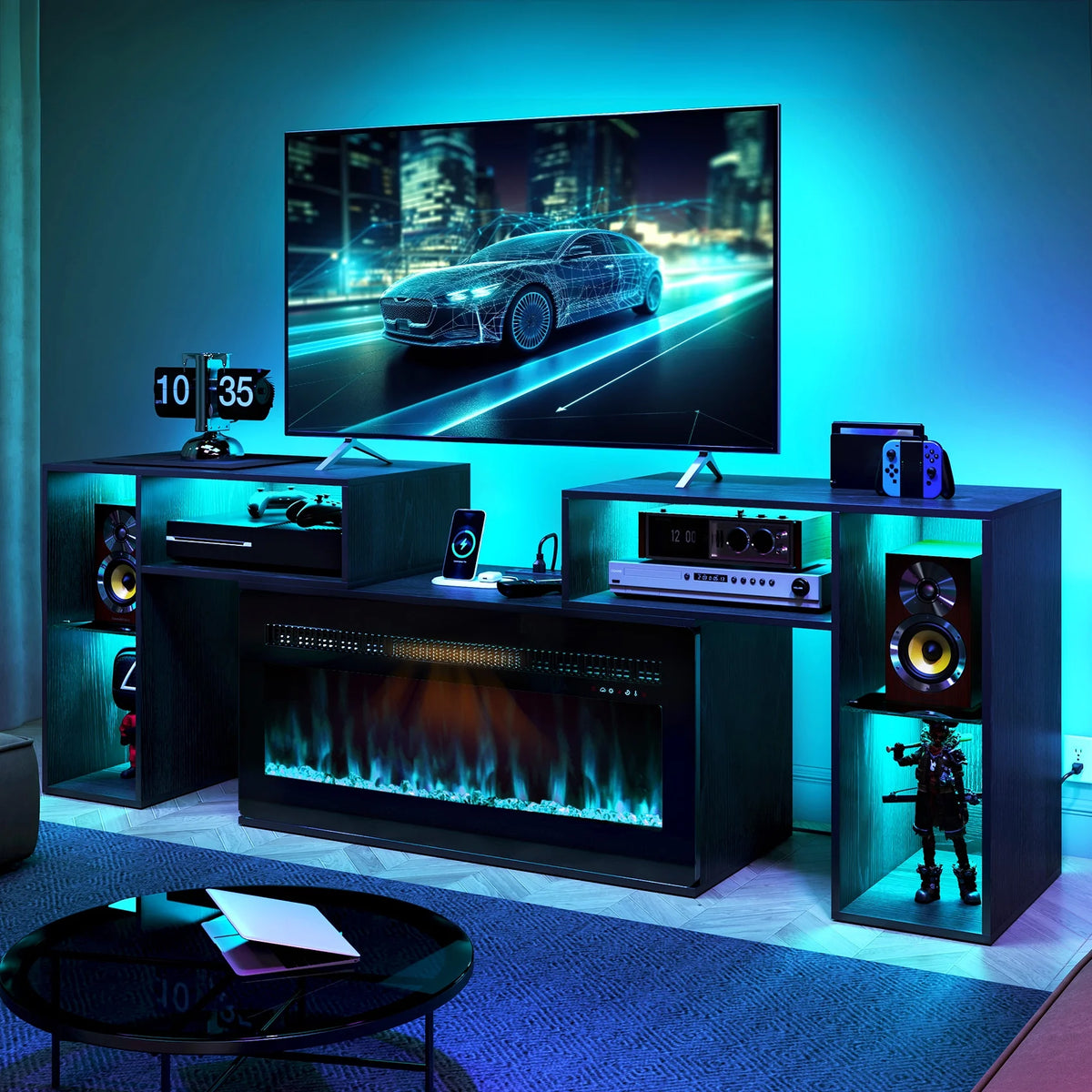 White Entertainment Center with Electric Fireplace and 42 Fireplace M7502