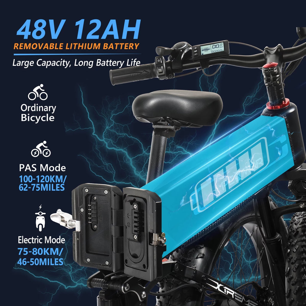 750W 48V 12AH Removable Battery 26" Fat Tire Folding Electric Bike Y2189