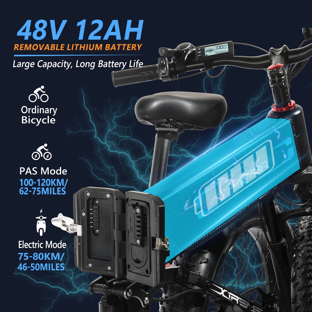 750W 48V 12AH Removable Battery 26" Fat Tire Folding Electric Bike Y2189