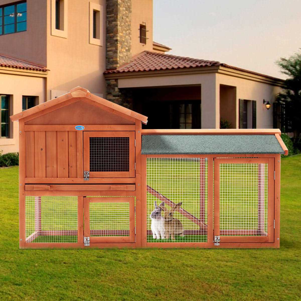 2-Tier Outdoor Wooden Rabbit Hutch with Ramp W58324