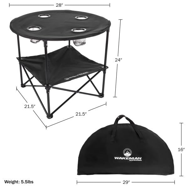Round 2-Tier Folding Camp Table with 4 Cupholders and Carrying Bag L364817