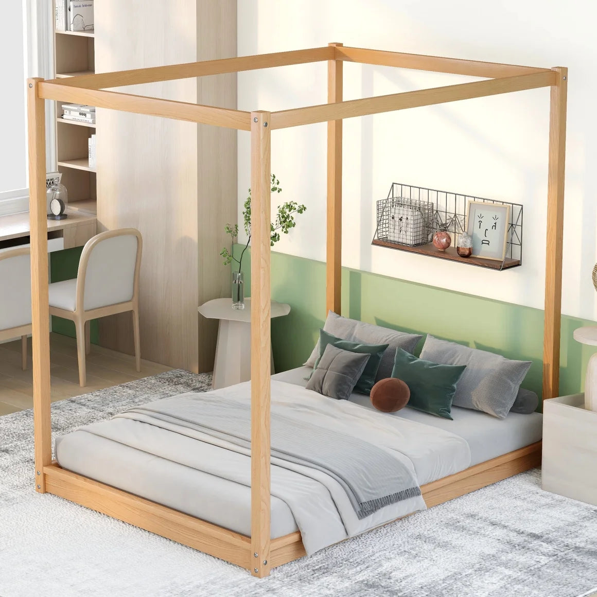 White Queen Size Wood Canopy Bed Frame with Headboard Y671