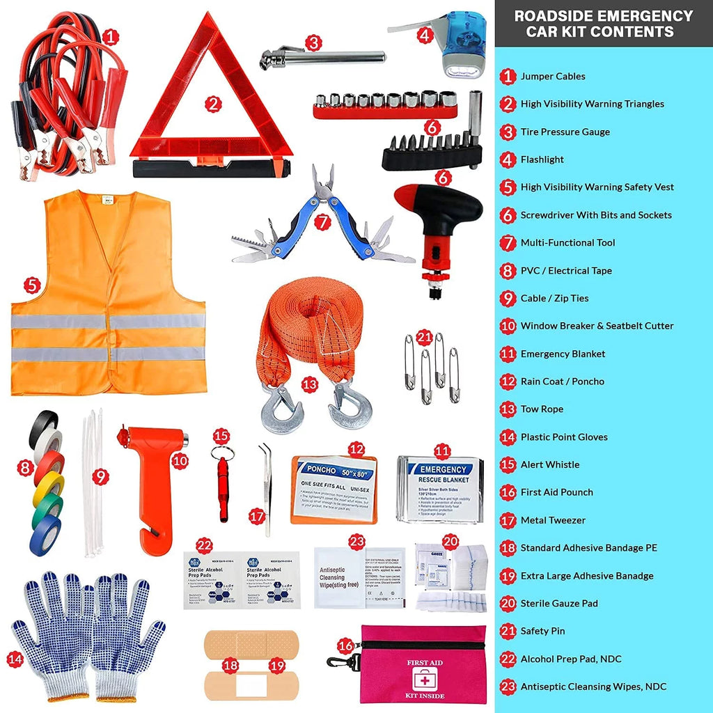 43 Piece Car Emergency Roadside Assistance Kit First Aid Kit Jumper Cables Tow Strap C2741