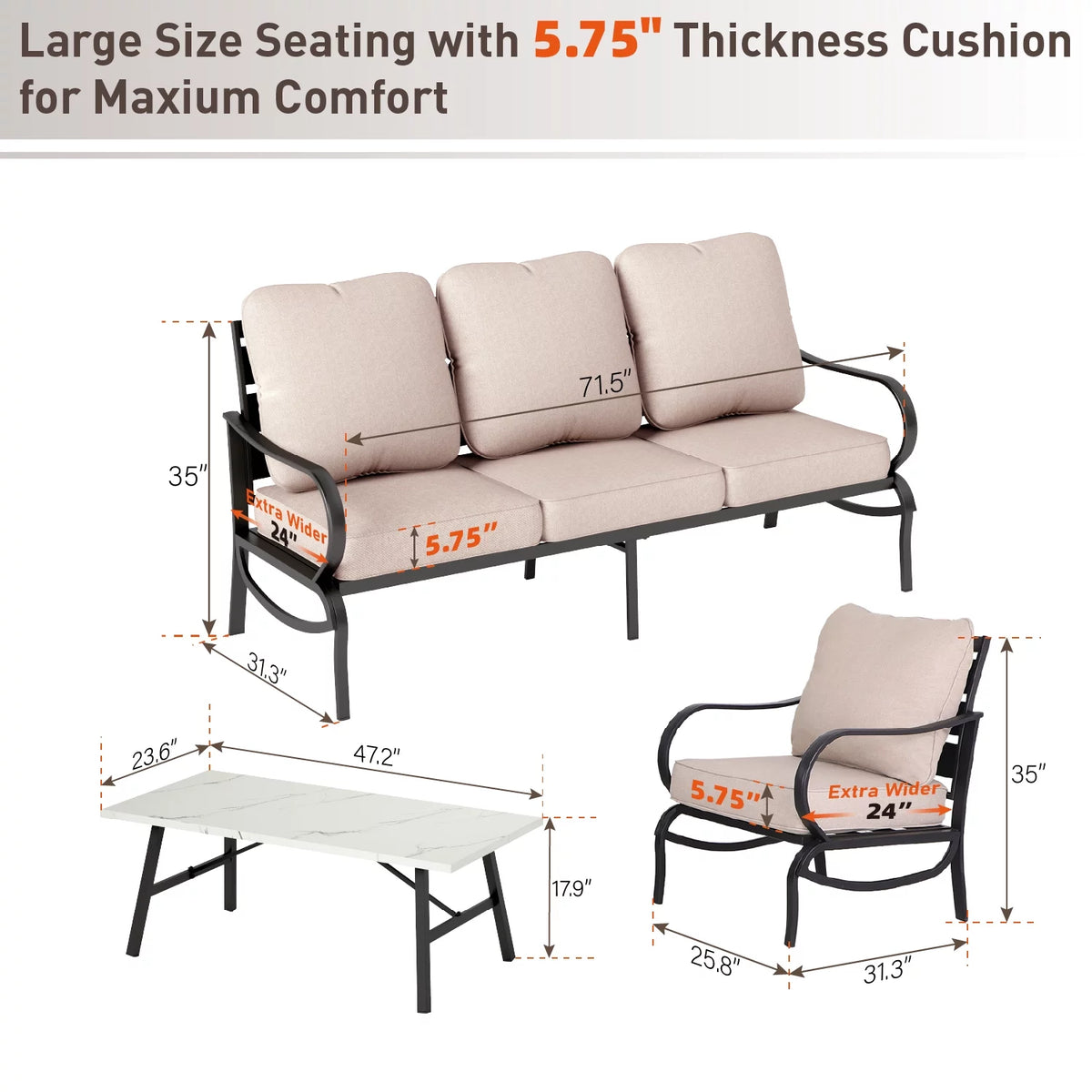 5-Seat Beige Metal Patio Conversation Sofa Set G937351