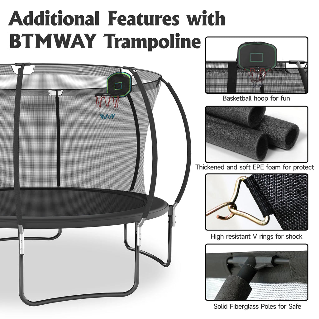 12FT Trampoline with Basketball Hoop and Safety Enclosure Net Y982