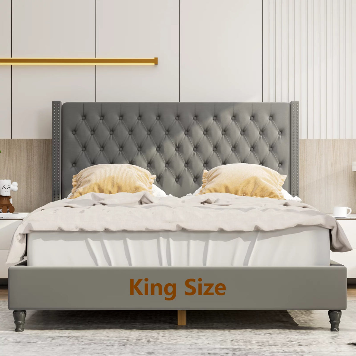 King Upholstered Tufted Platform Bed with Wooden Slats Gray G988