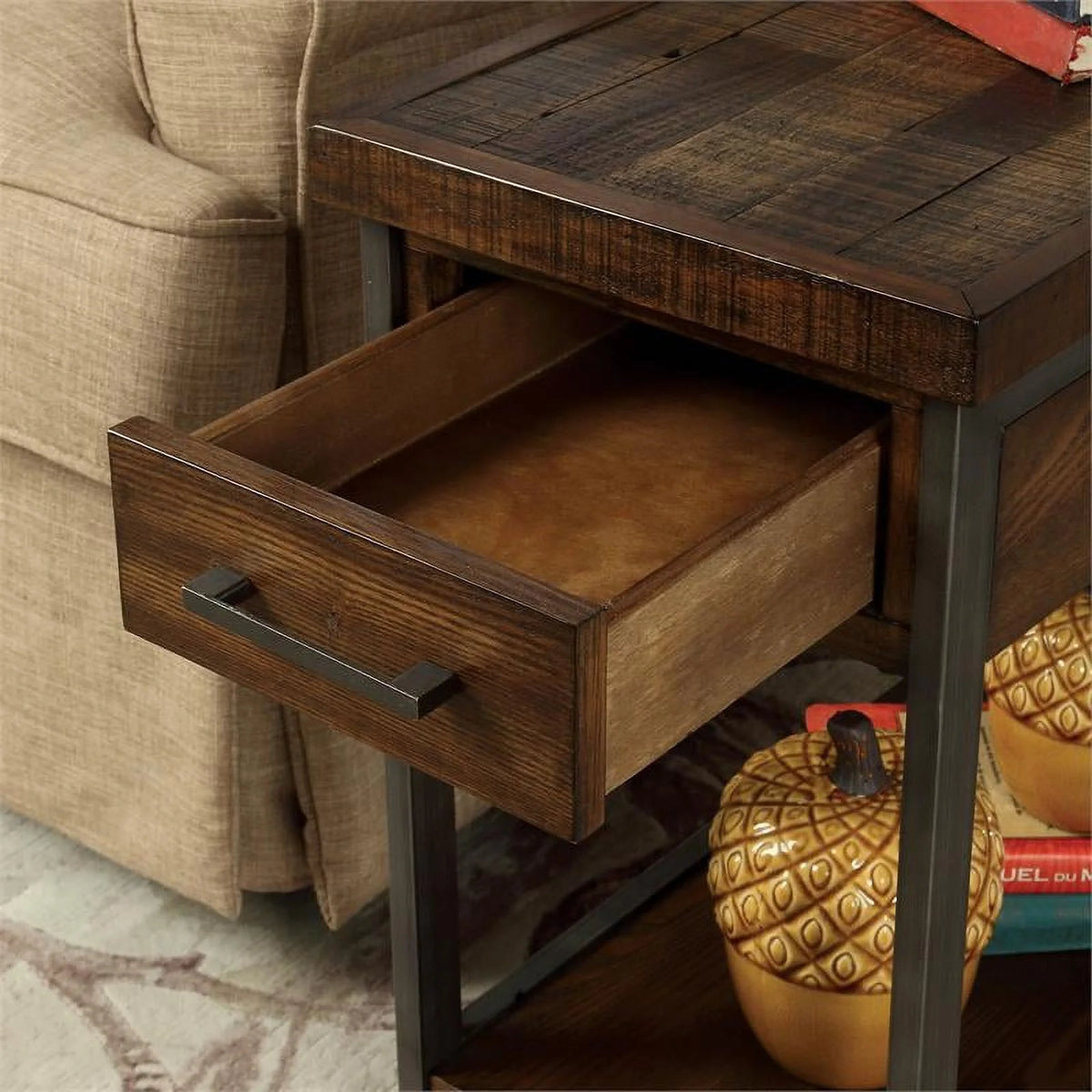 Farmhouse Wood 1-Drawer Side Table in Oak B46126
