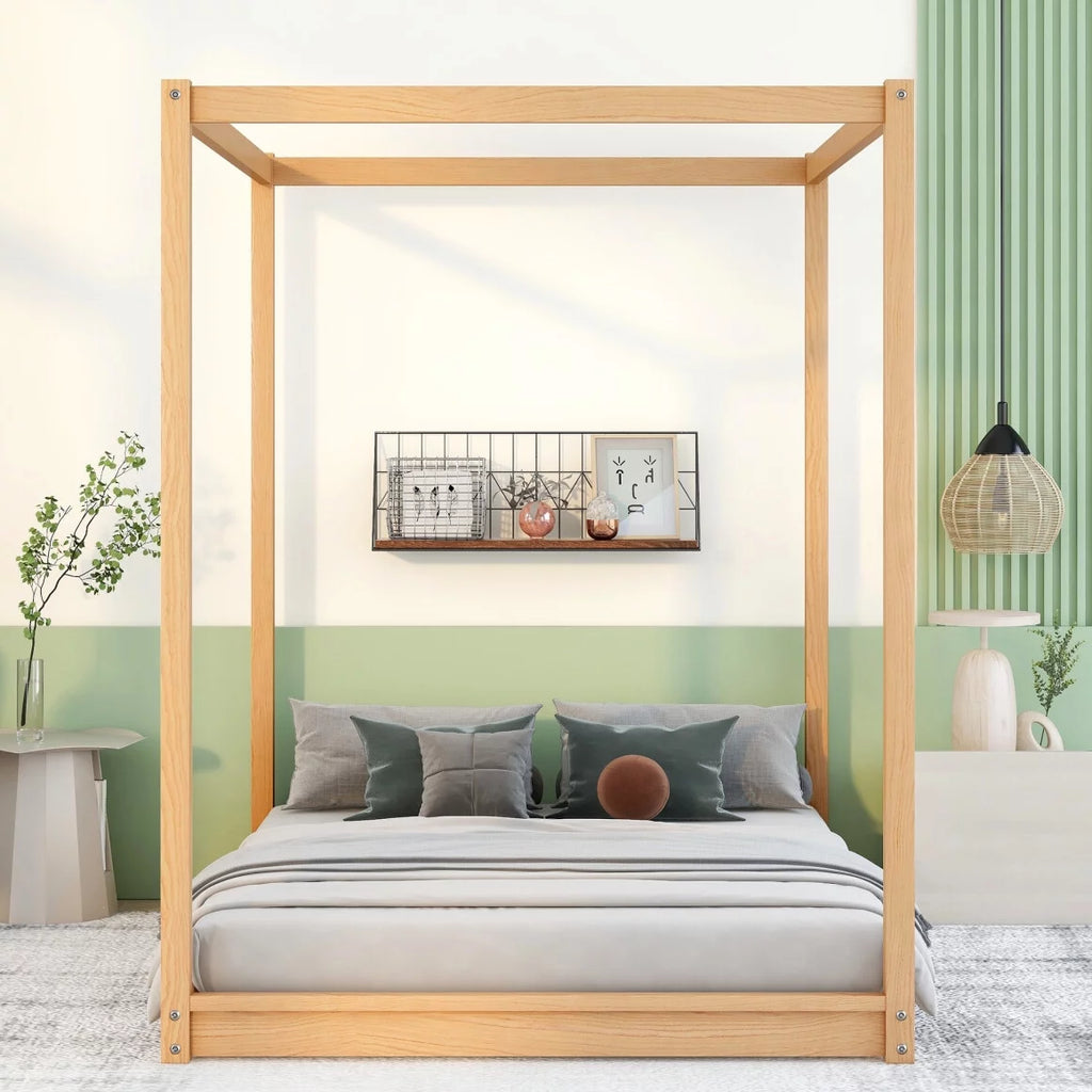 White Queen Size Wood Canopy Bed Frame with Headboard Y671