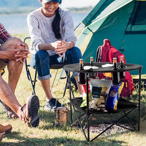 Round 2-Tier Folding Camp Table with 4 Cupholders and Carrying Bag L364817