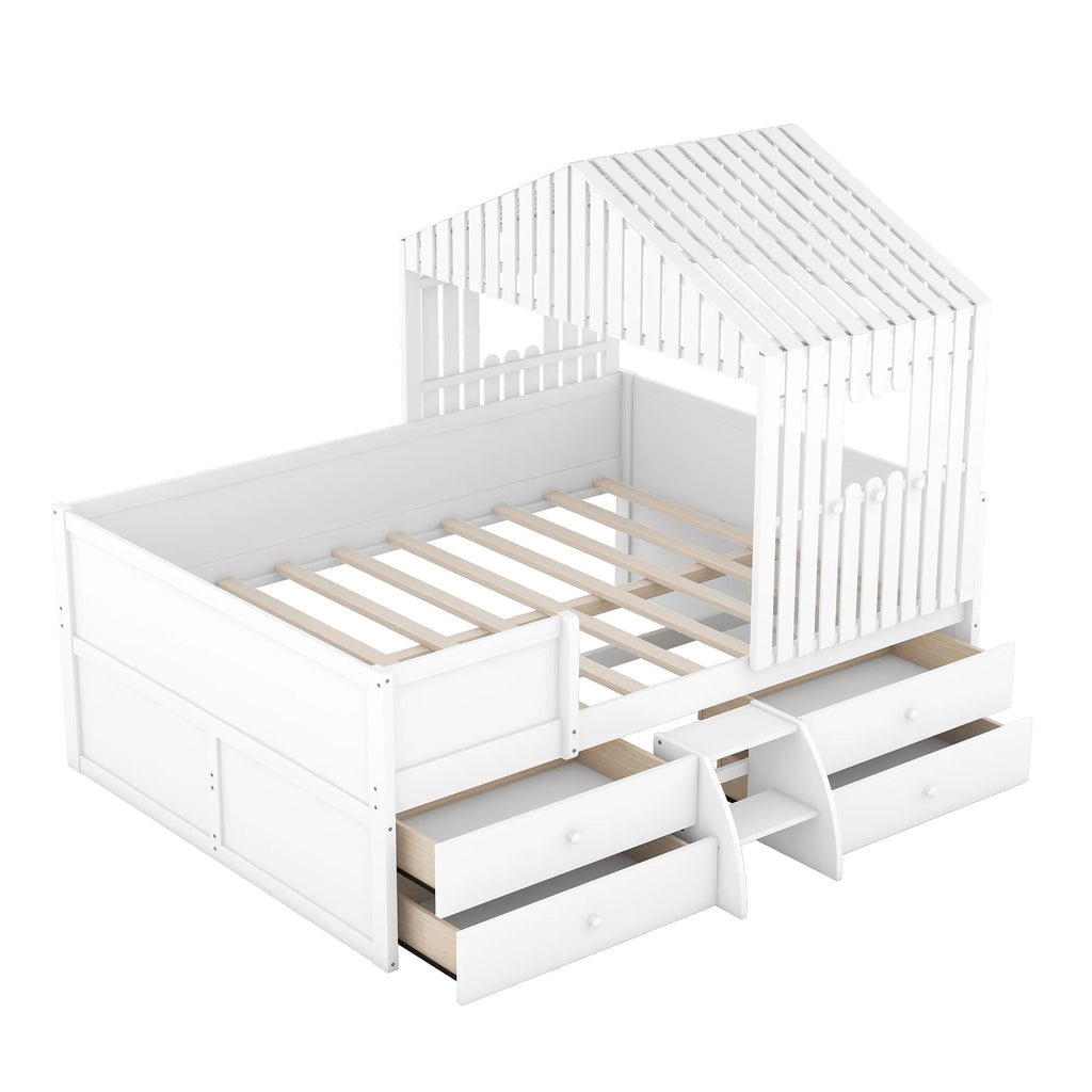 Full Size White Wooden Low Loft Bed with 4 Storage Drawers A1762