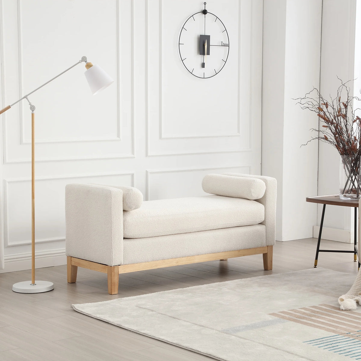 Ivory Upholstered Bench with Wood Legs W333