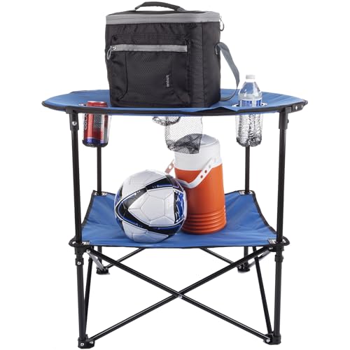 Round 2-Tier Folding Camp Table with 4 Cupholders and Carrying Bag L364817