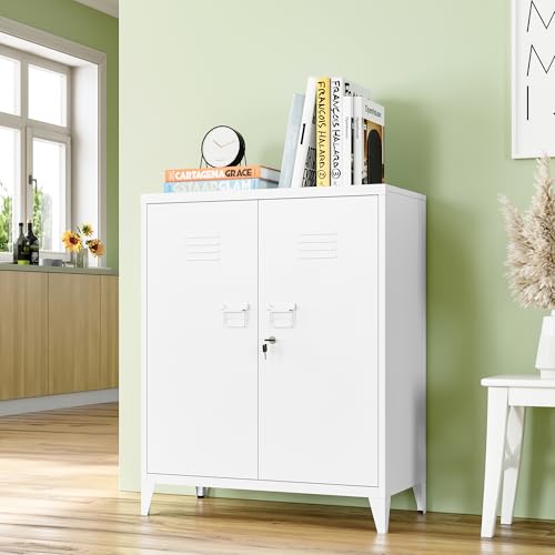 White 5 Tier Metal Storage Cabinet with 2 Doors and 4 Adjustable Shelves H674