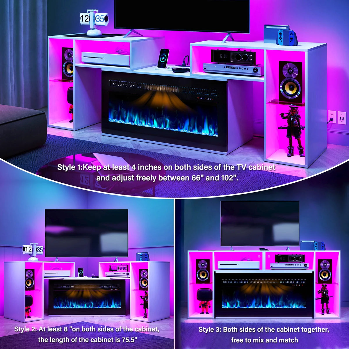 White Entertainment Center with Electric Fireplace and 42 Fireplace M7502