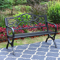 50 Inches Cast Iron Metal Patio Bench with Floral Pattern Backrest O77274