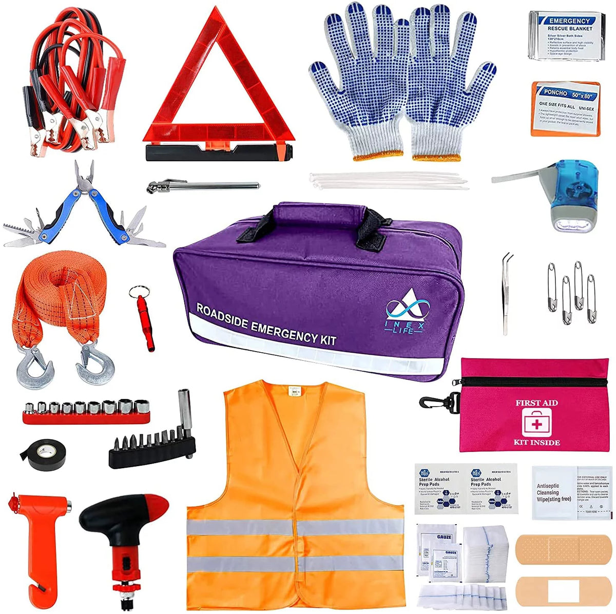43 Piece Car Emergency Roadside Assistance Kit First Aid Kit Jumper Cables Tow Strap C2741