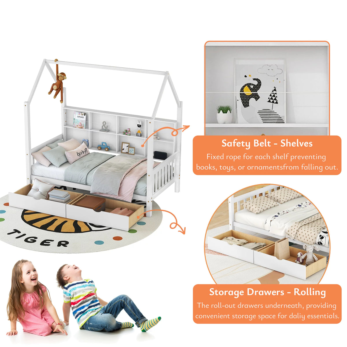 White Twin House Bed with Storage Drawers and Shelves J4041