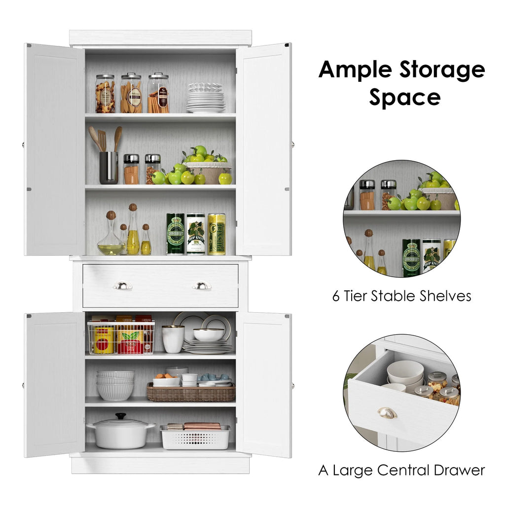 White 72.4'' Tall Wood Kitchen Pantry with 4 Doors T1553