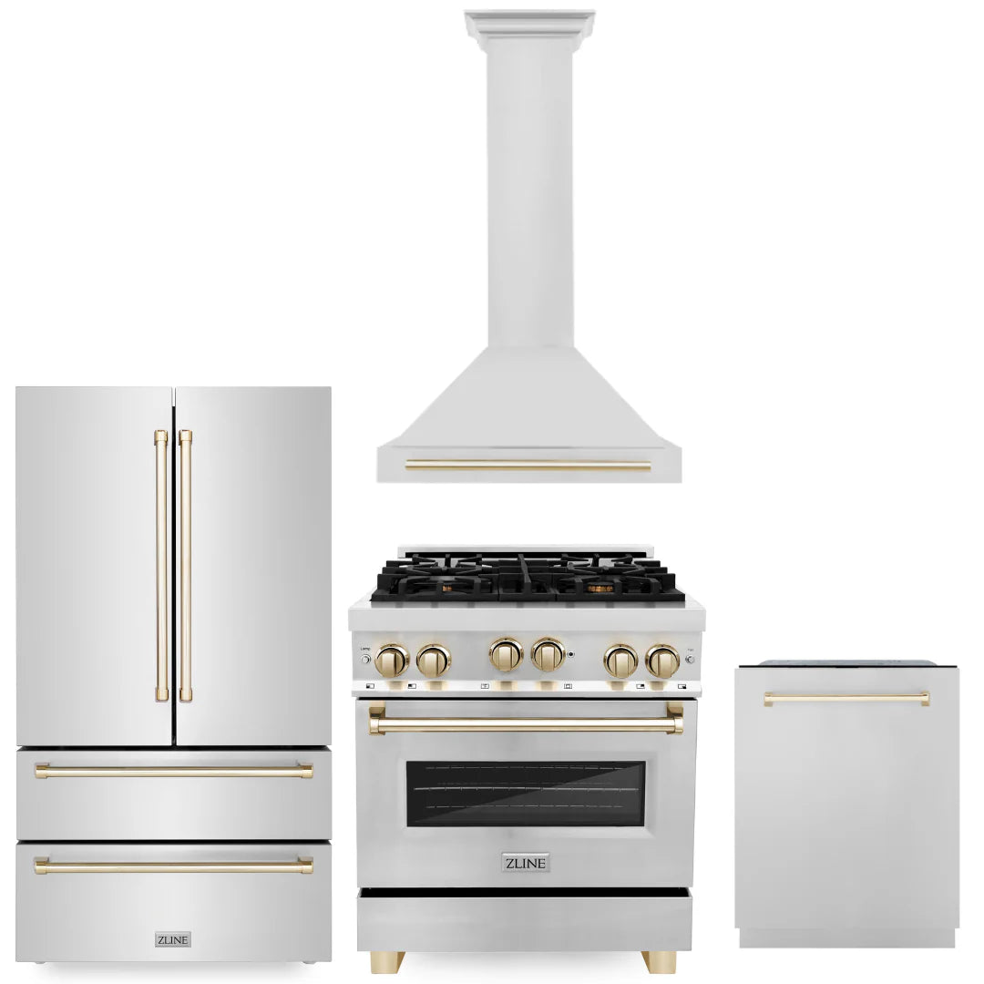 30 Inch Gas Range, Range Hood, Dishwasher, Refrigerator in Stainless Steel T19986