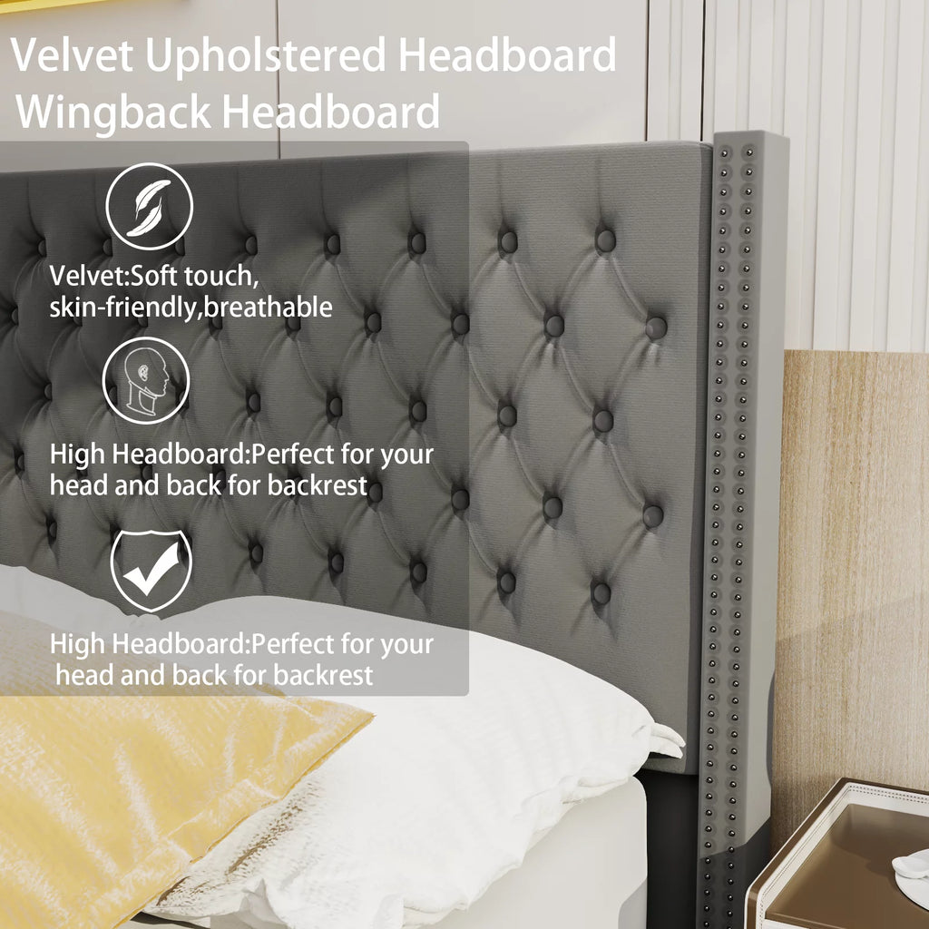 King Upholstered Tufted Platform Bed with Wooden Slats Gray G988