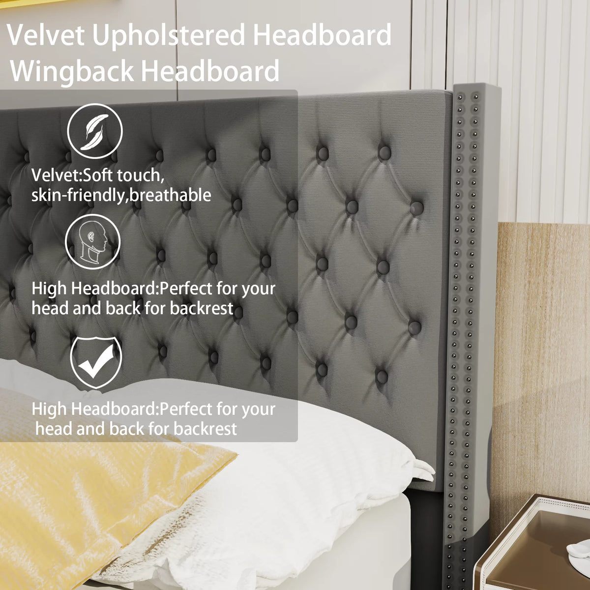 King Upholstered Tufted Platform Bed with Wooden Slats Gray G988