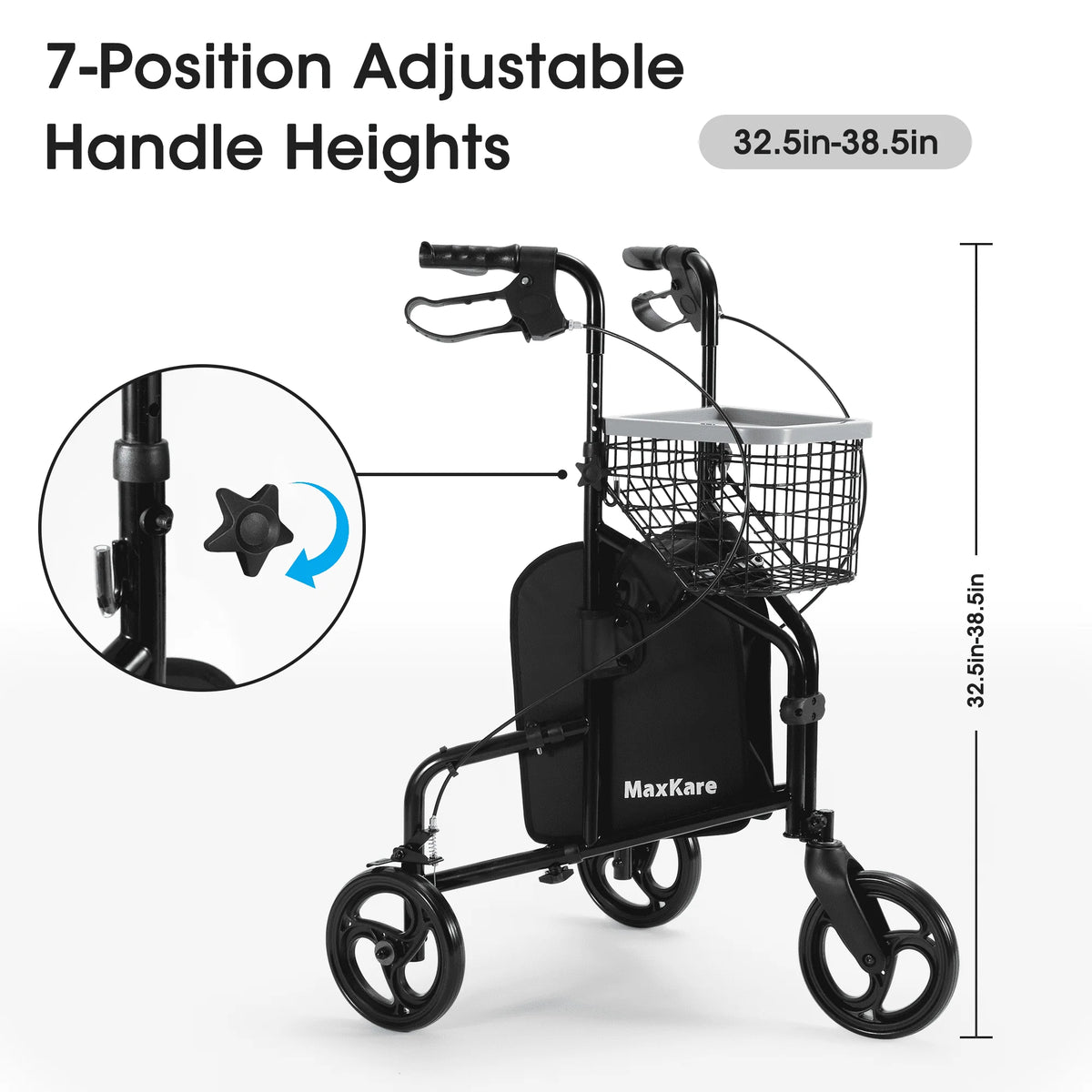 3-Wheel Rollator Walker with Basket & Tray, Black W863868