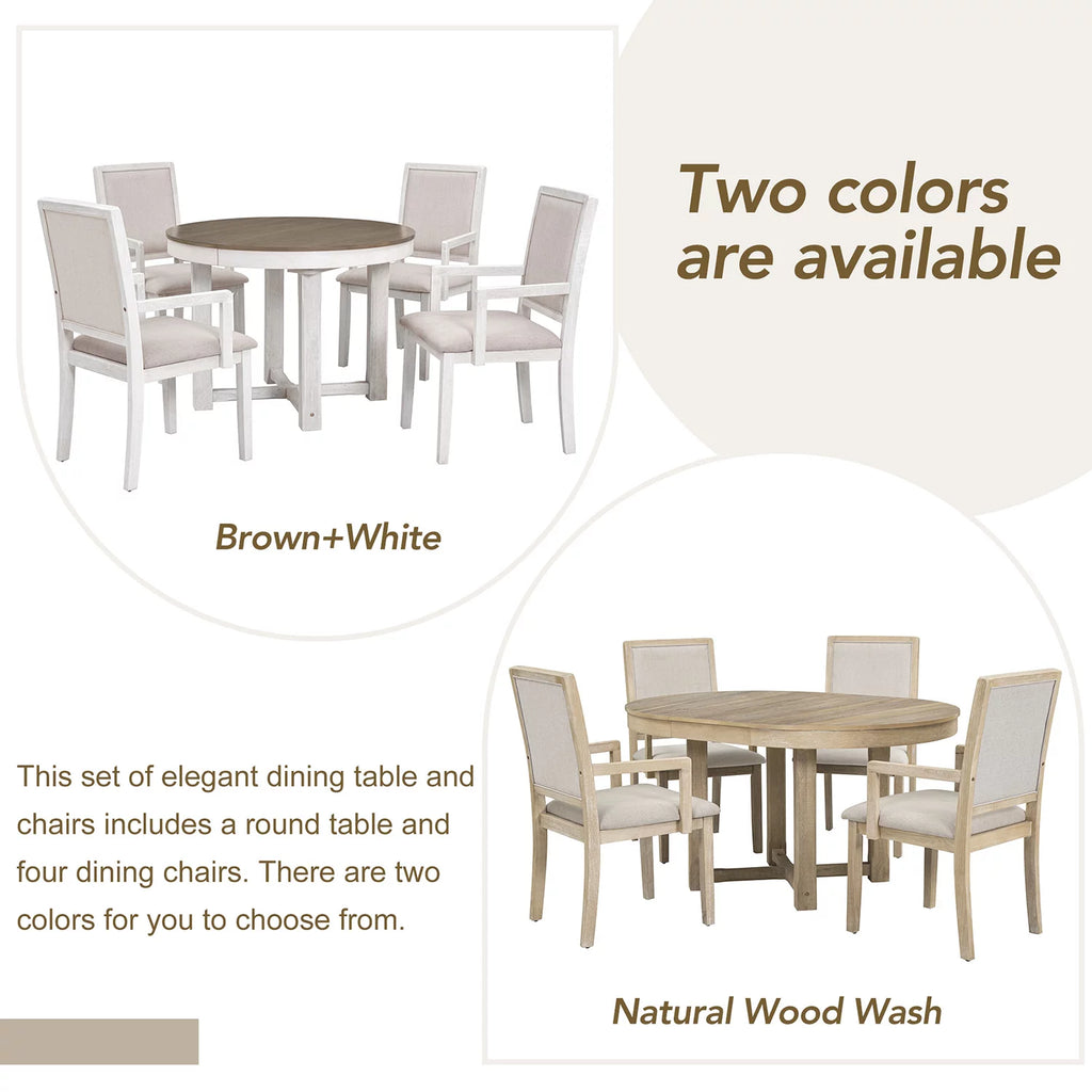 5 Piece Round Extendable Wood Dining Table Set with 4 Upholstered Chairs M852