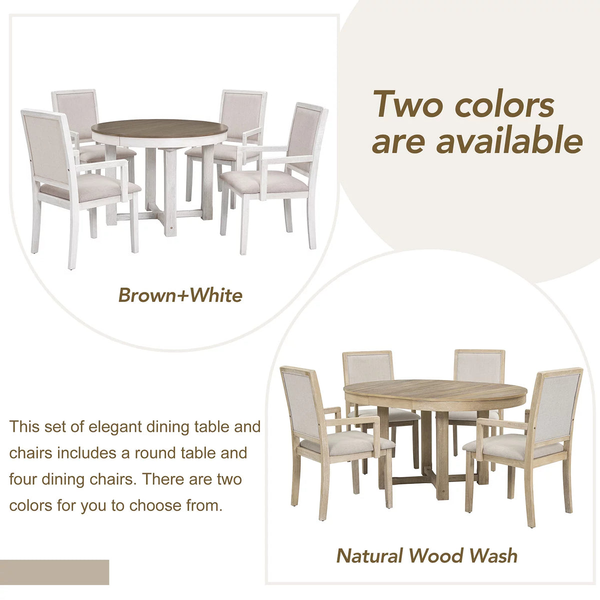 5 Piece Round Extendable Wood Dining Table Set with 4 Upholstered Chairs M852