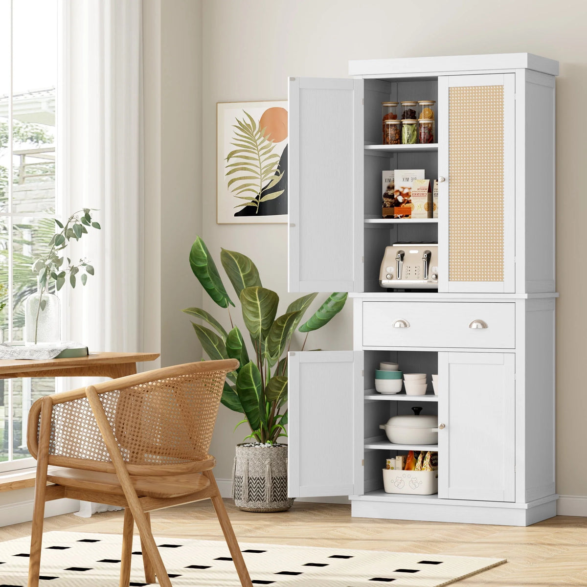 White 72.4'' Tall Wood Kitchen Pantry with 4 Doors T1553