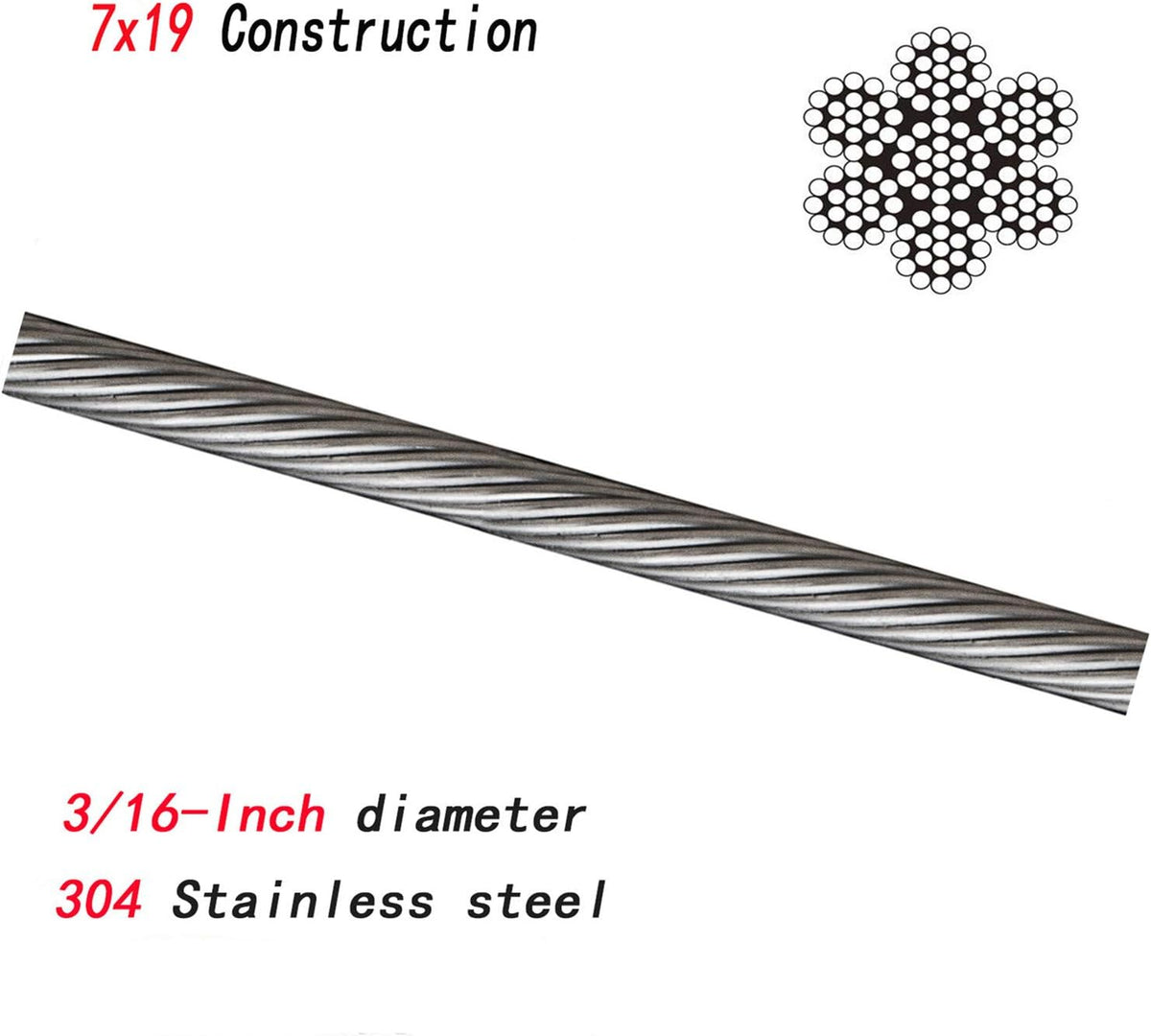 304 Stainless Steel Wire Rope 500ft 3/16 7x19 Cable L9041