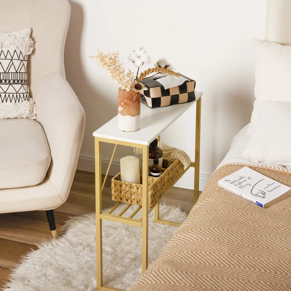 White Narrow Side Table with Shelf Z9949