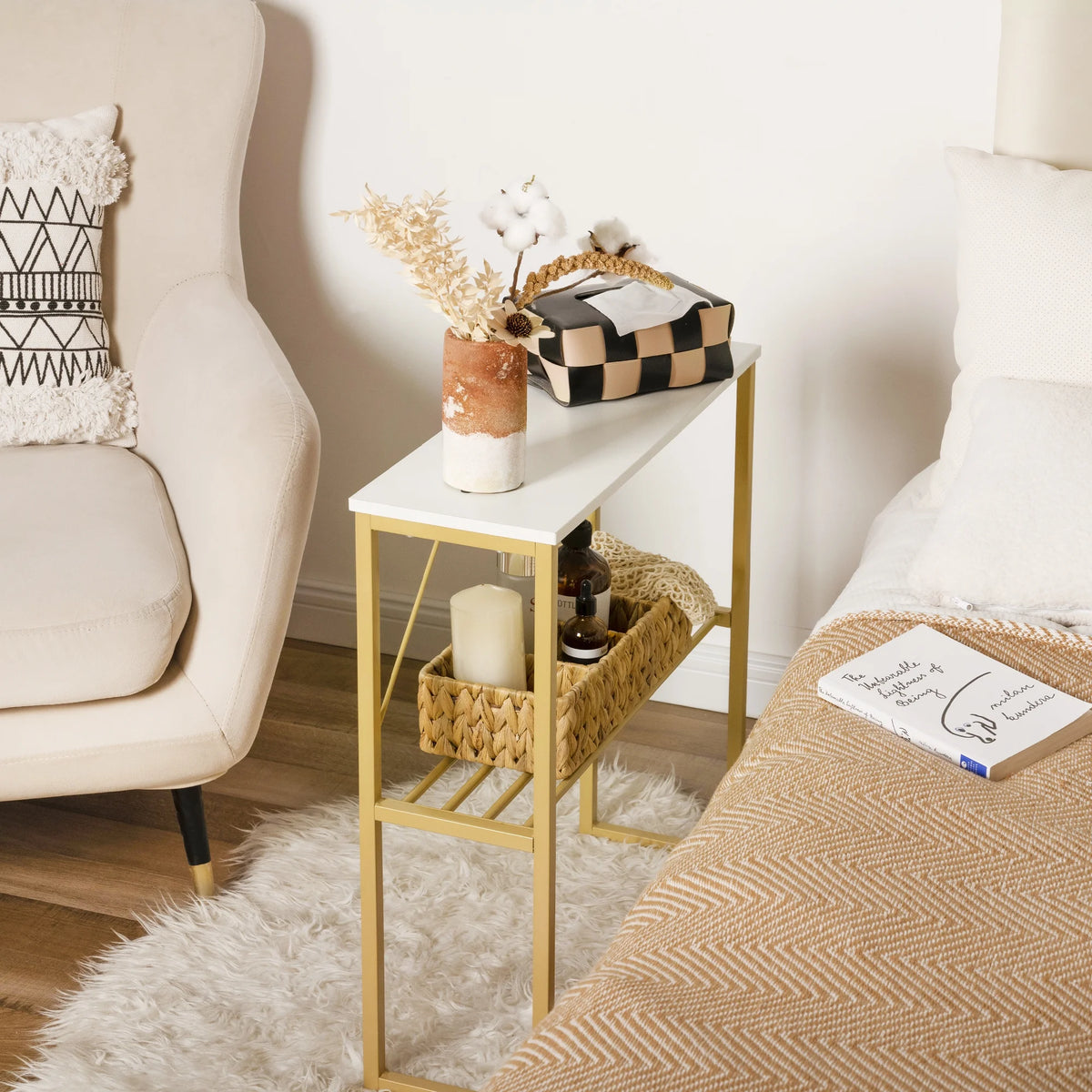 White Narrow Side Table with Shelf Z9949
