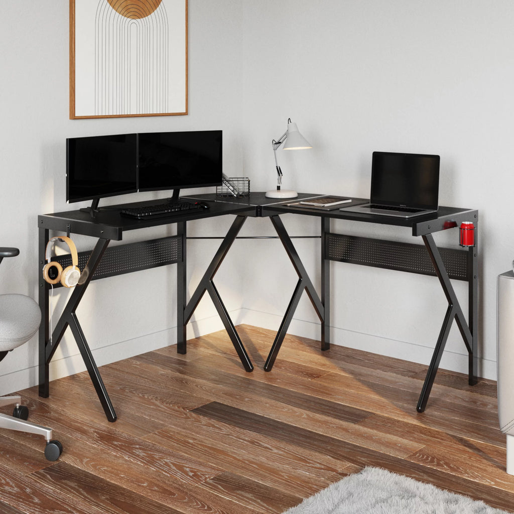 L Shaped Computer Desk with Headphone and Cup Holder Black P7840