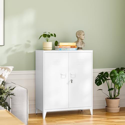 White 5 Tier Metal Storage Cabinet with 2 Doors and 4 Adjustable Shelves H674