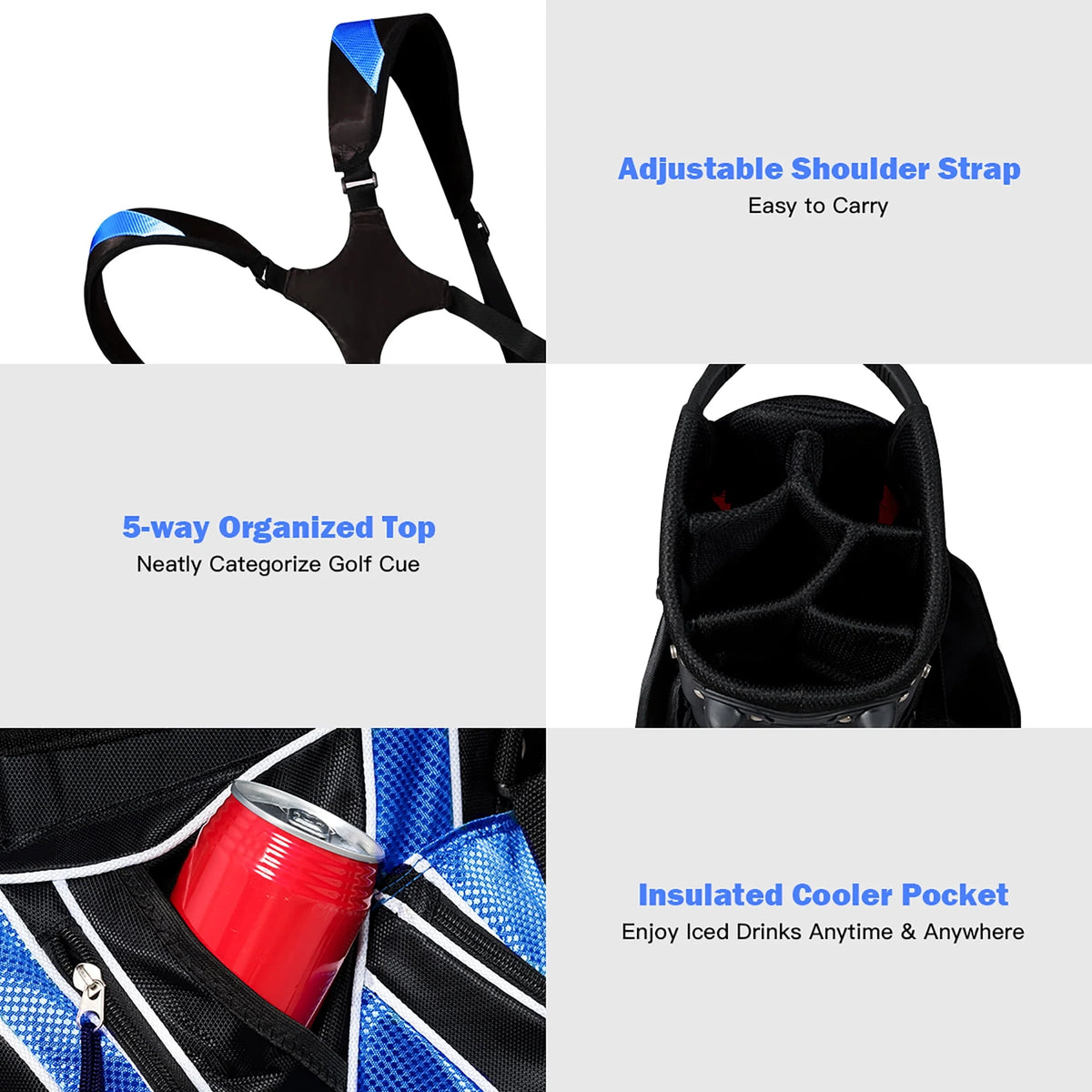 Golf Stand Cart Bag with 6 Way Divider Black E666