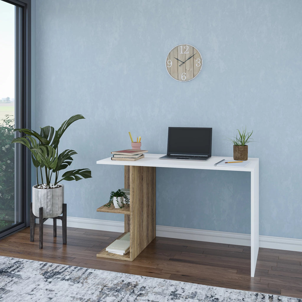 2 Tier White Walnut Modern Desk T892837