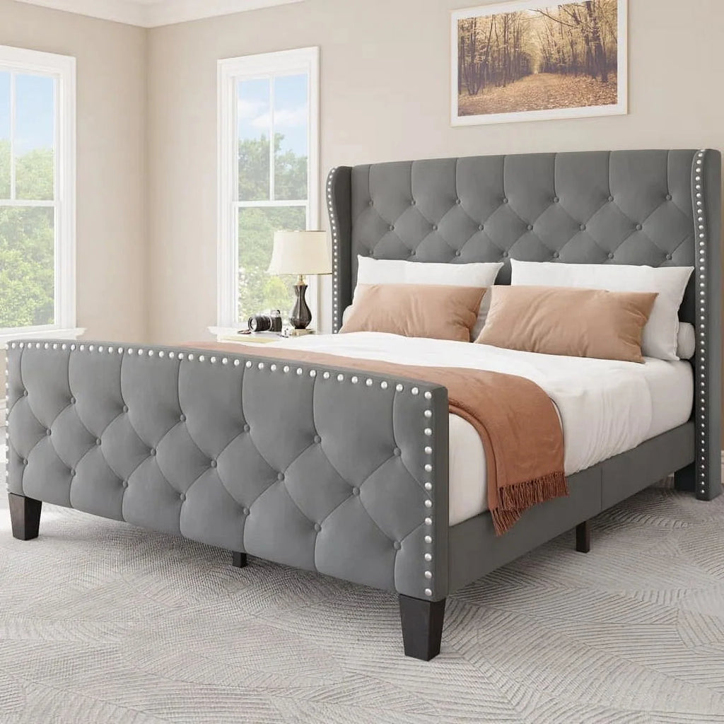 Queen Size Velvet Upholstered Platform Bed Frame with Headboard O36420
