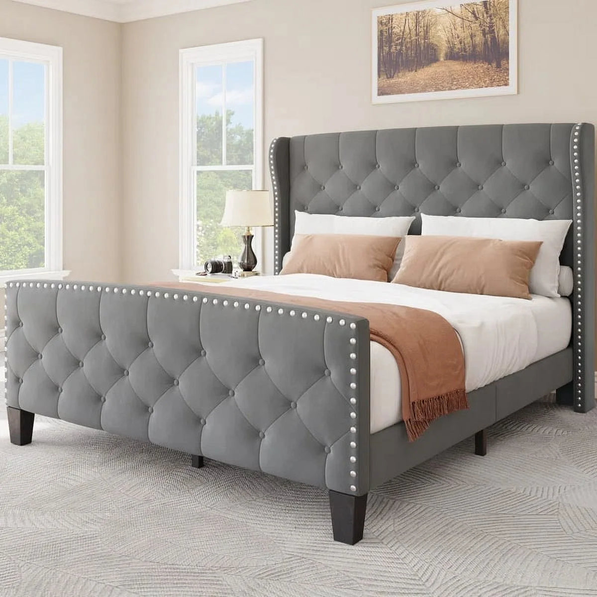 Queen Size Velvet Upholstered Platform Bed Frame with Headboard O36420