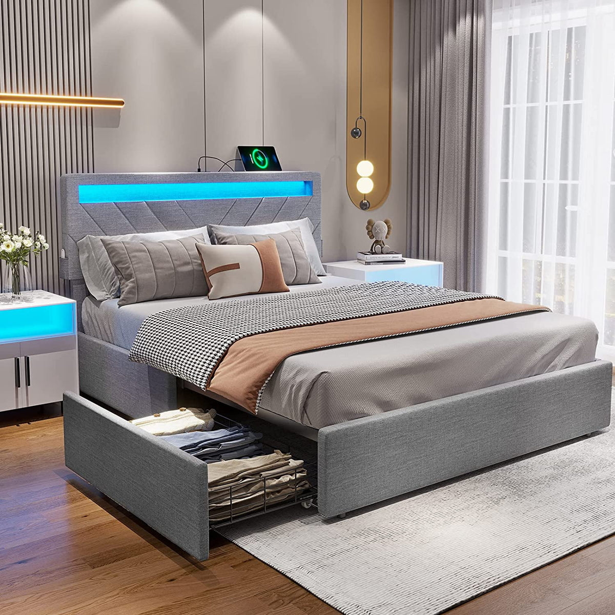 Queen Size LED Upholstered Platform Bed Frame with Drawers U455167