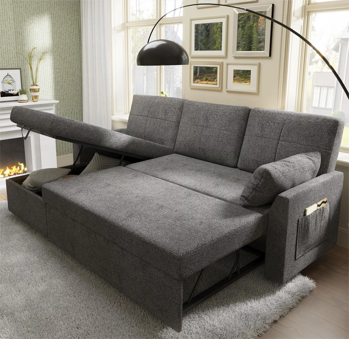 Gray Chenille Sleeper Sofa with Storage Chaise A993654