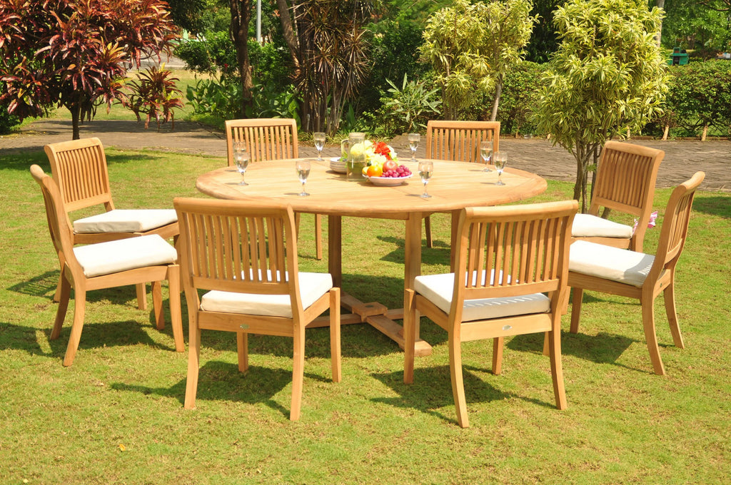 9 Pc Teak Dining Set with 72" Round Table and 8 Chairs N89415