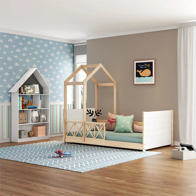 White Oak Solid Wood Twin Daybed with Roof and Guardrails K422