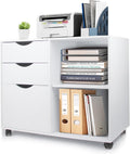 3 Drawer Wood File Cabinet with Rolling Wheels and Storage Shelves, White T789