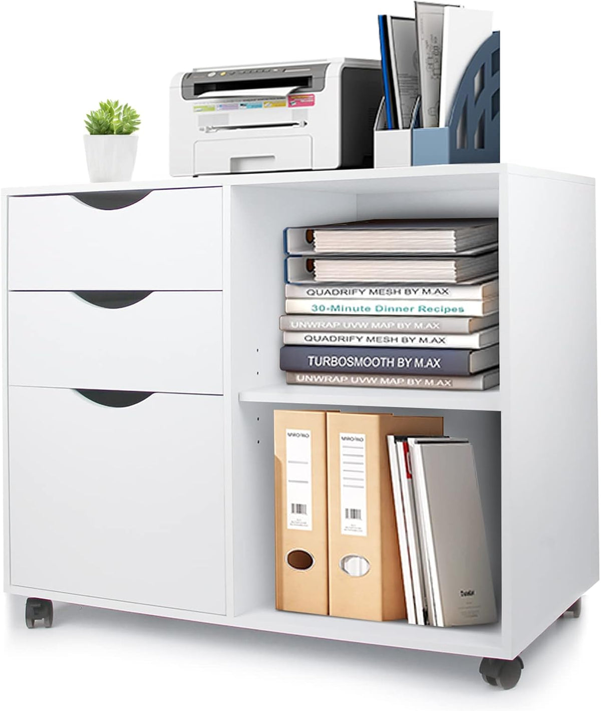 3 Drawer Wood File Cabinet with Rolling Wheels and Storage Shelves, White T789