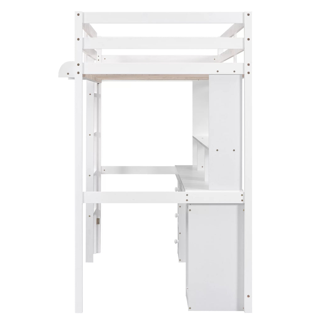 White Twin Size Loft Bed with Built-in Desk and 3 Drawers S8746