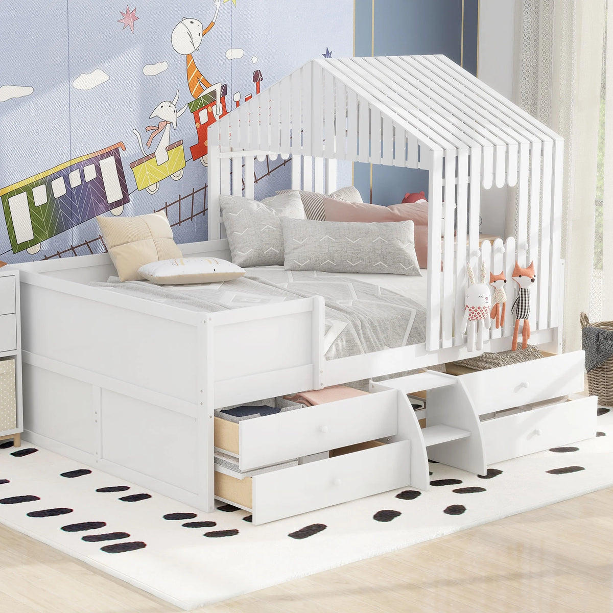 Full Size White Wooden Low Loft Bed with 4 Storage Drawers A1762