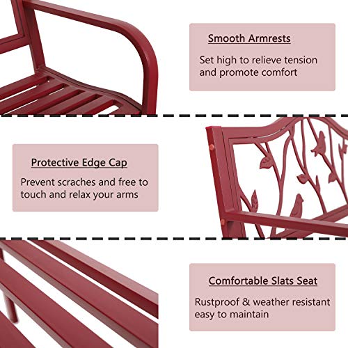 50 Inches Cast Iron Metal Patio Bench with Floral Pattern Backrest O77274