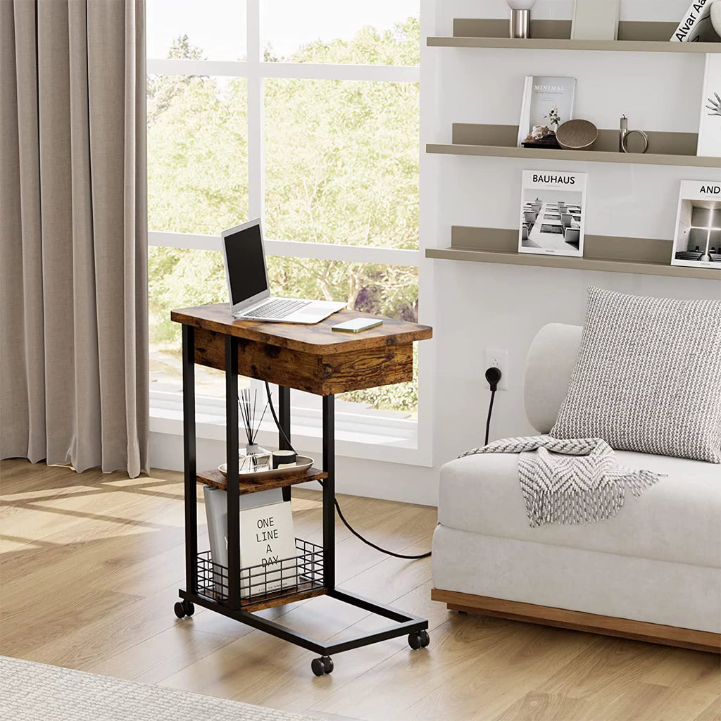 C Shaped End Table with Charging Station and 3 Tier Storage Shelf V51786
