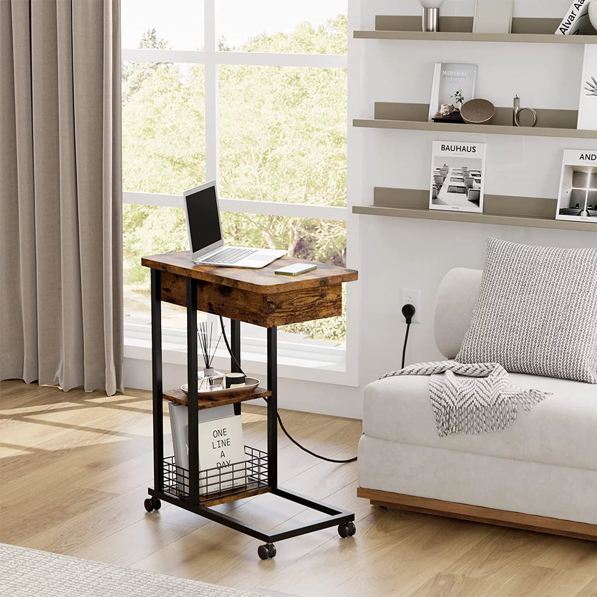 C Shaped End Table with Charging Station and 3 Tier Storage Shelf V51786