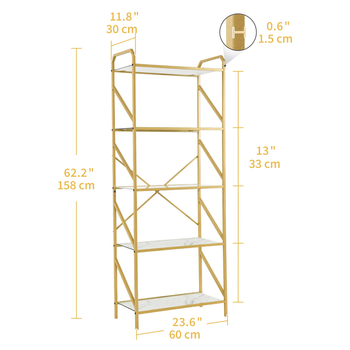 Gold 5 Tier Glass Shelves Bookshelf R519359